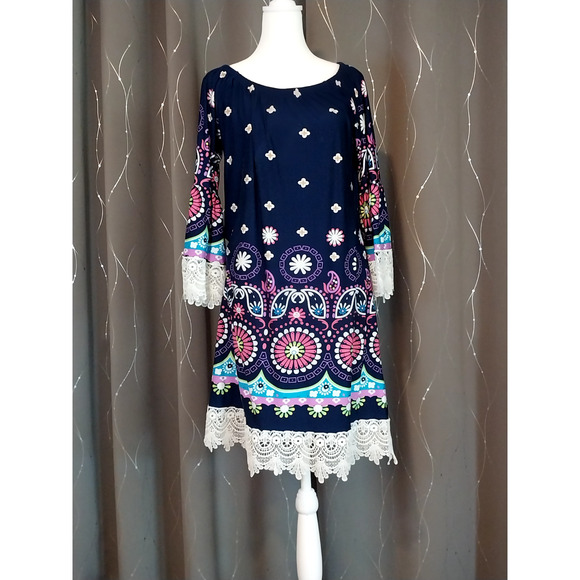 White Mark Navy Boho Blue Embroidered Tunic Dress Size Large / #3106 - Picture 2 of 2